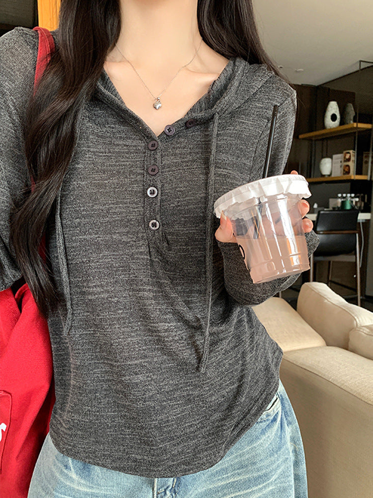 Women's Button-Down Knit Hoodie Long Sleeve Henley T-Shirt teemdrop