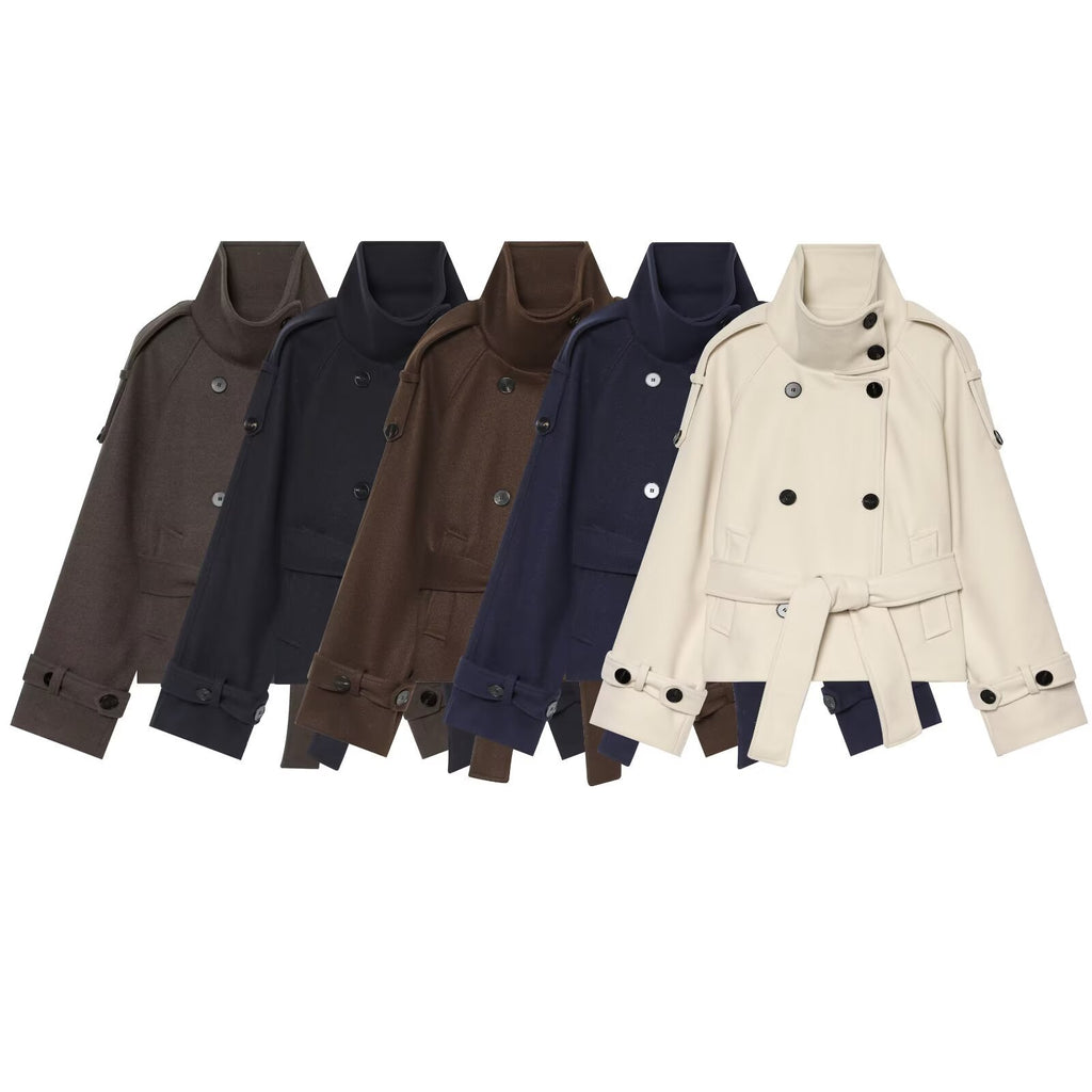 Women?s Double-Breasted Solid Color Long Sleeve Coat teemdrop