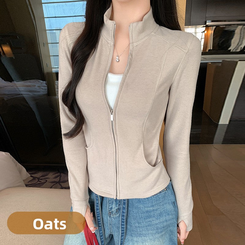 Women Stand Collar Zip Front Jacket Slim Fit Long Sleeve Wool Blend Top teemdrop
