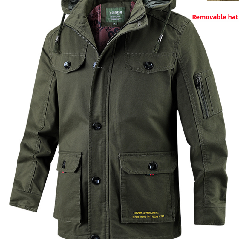 Men's cotton casual jacket with hood and stand-up collar, long and full-length coat