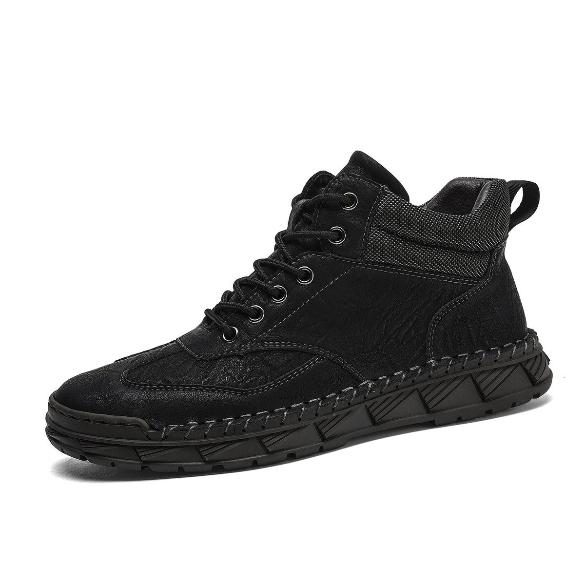 Mens Hand-Stitched PU Leather Lace-Up Flat Ankle Boots
