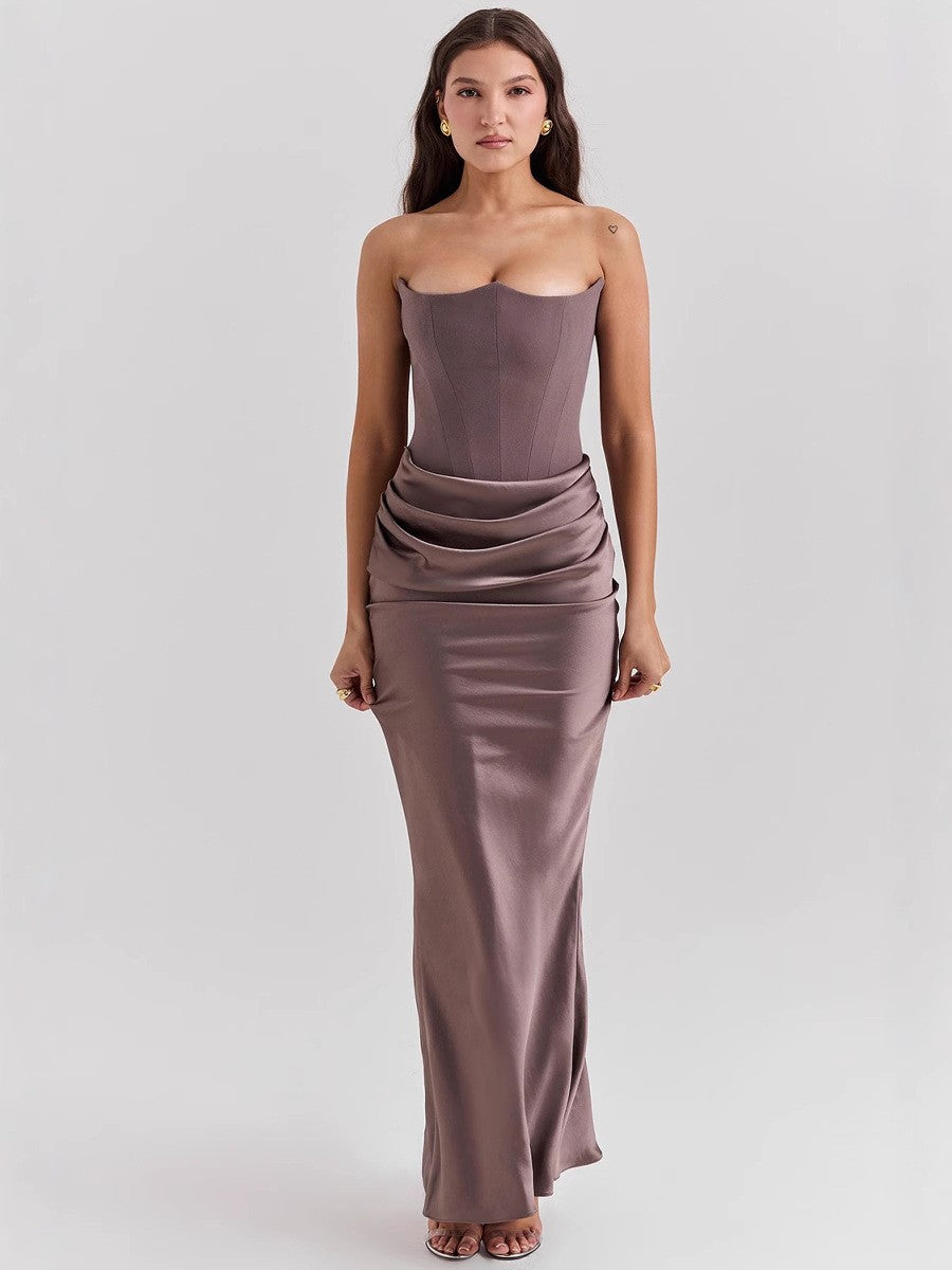 Women's Satin Off-Shoulder Pleated Long Bodycon Dress teemdrop