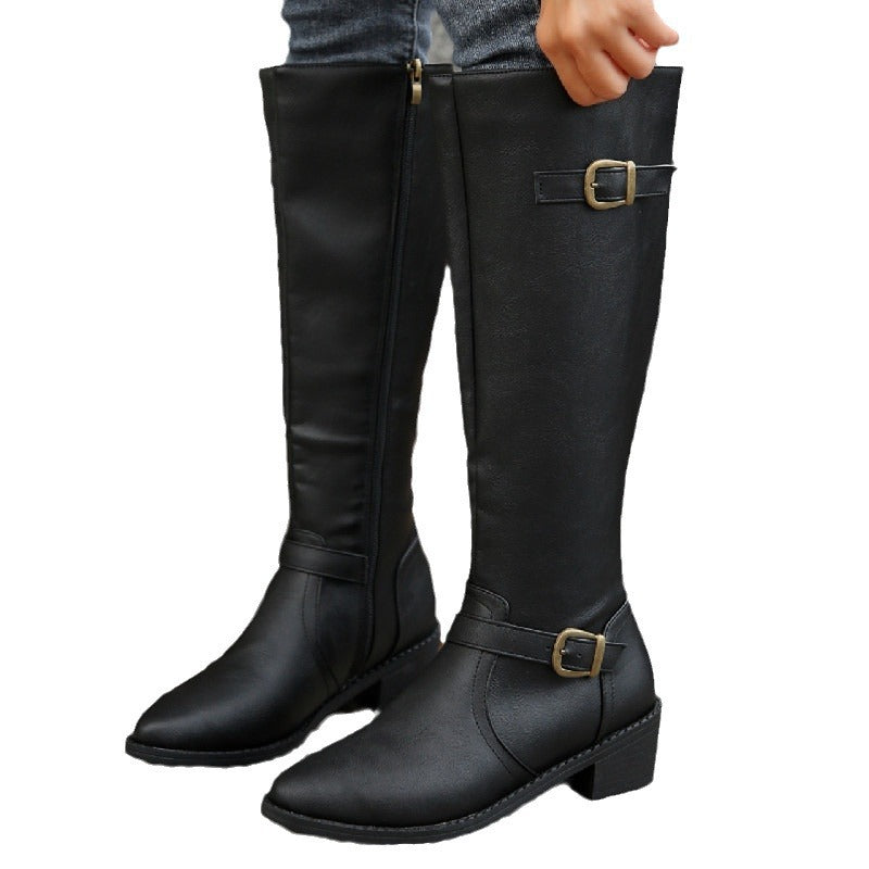 Women's Chunky Heel High Tube Boots with Square Buckle and Side Zipper teemdrop