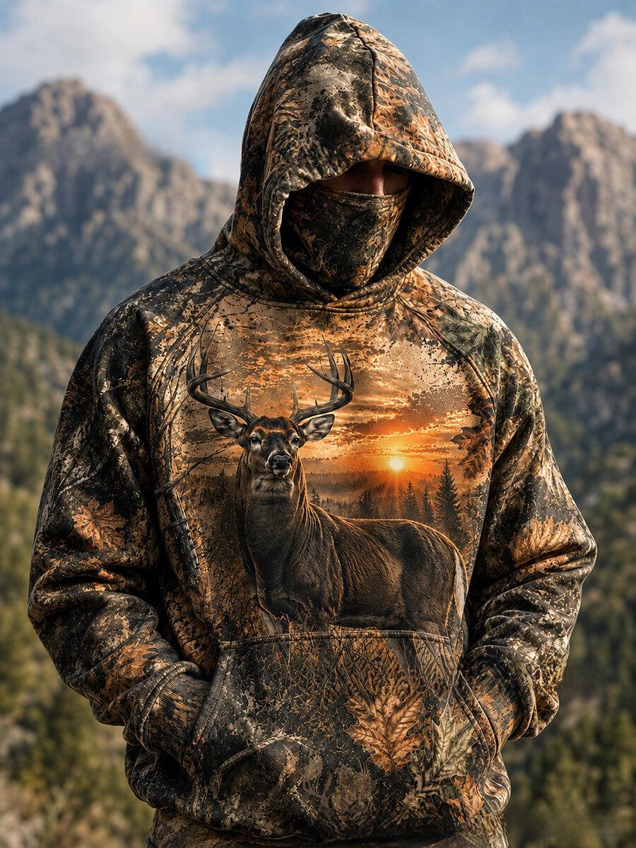 Men's outdoor plant-print pullover hooded sweatshirt with loose fit top body