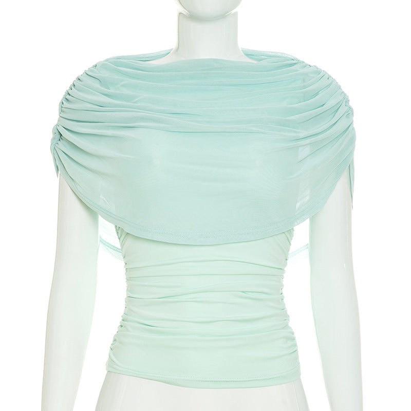 Lady's sleeveless scarf-necked pleated blouse