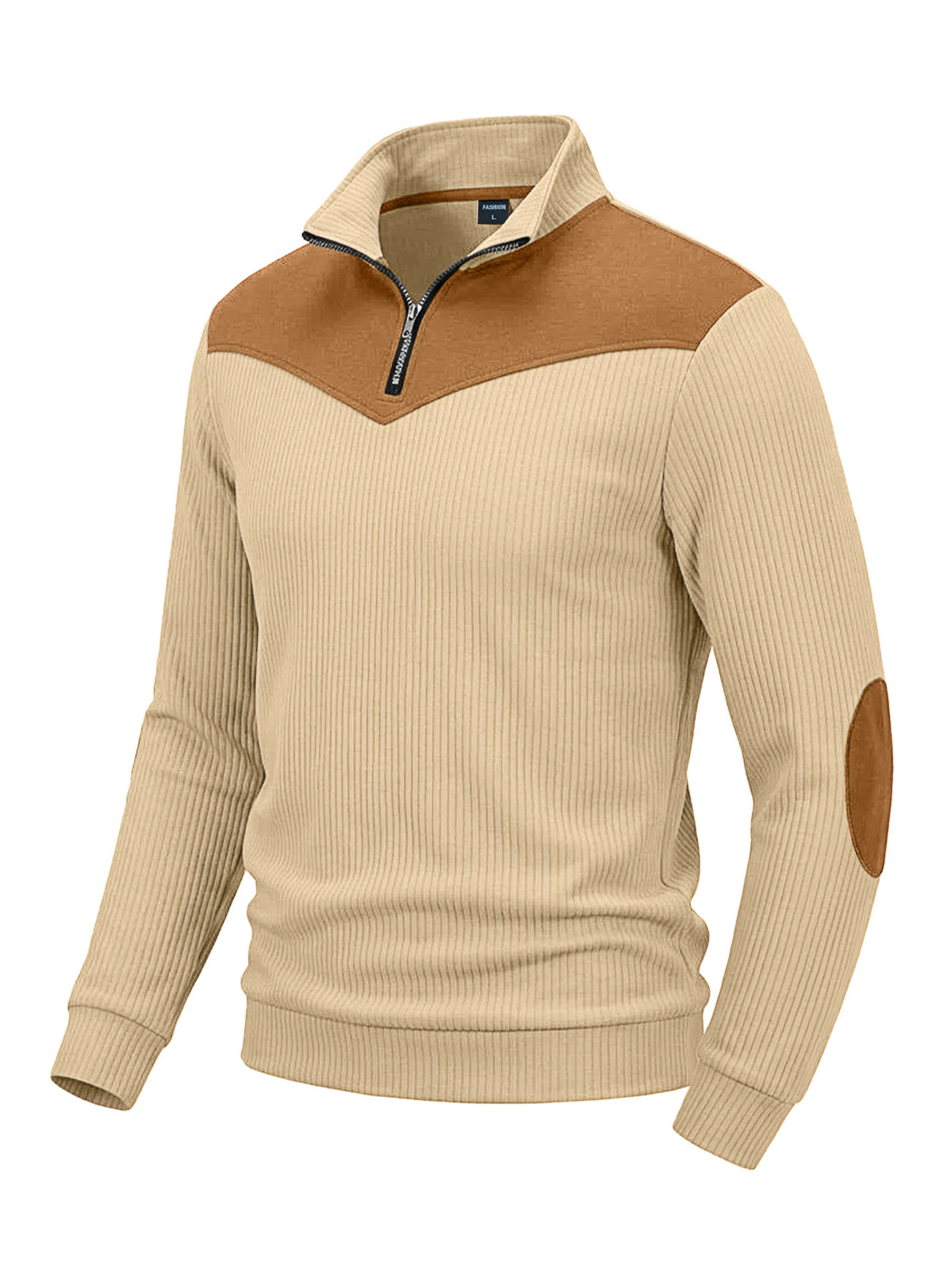 Men's Clothing Vertical Ribbed Half-Zip Stand Collar Sweatshirt with Suede Patchwork Retro Long-Sleeve teemdrop