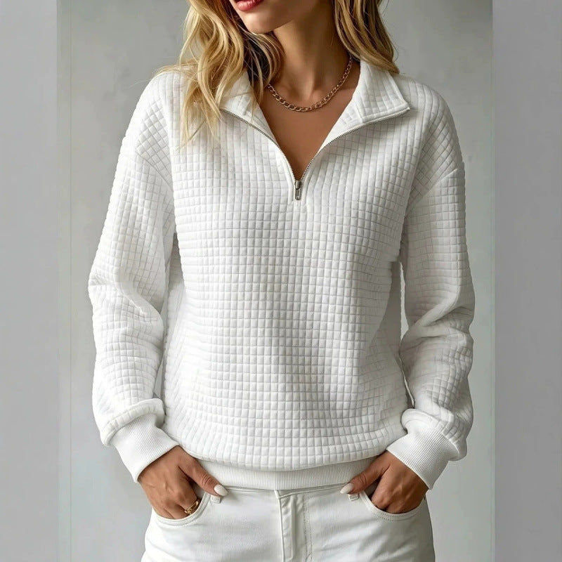 Women's Solid Color Waffle Knit Stand Collar Zipper Long Sleeve Loose Sweatshirt teemdrop