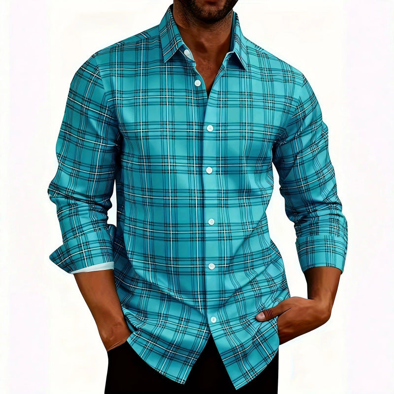 Men's American Retro Plaid Long Sleeve Shirt Casual Lapel Fitted Cardigan teemdrop
