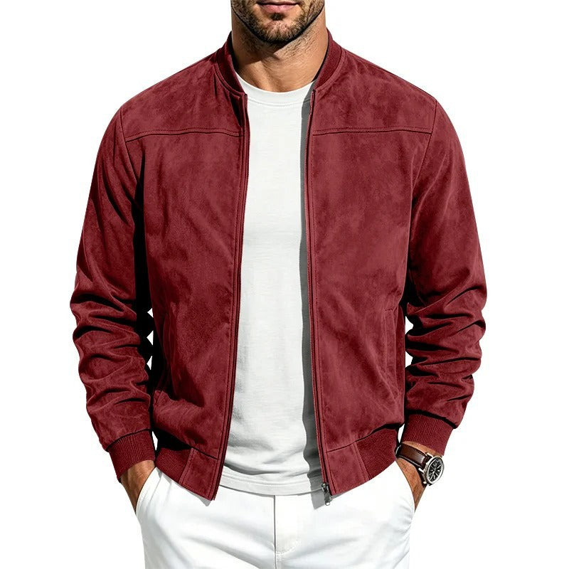 Men's Solid Suede Fleece Baseball Collar Bomber Jacket teemdrop
