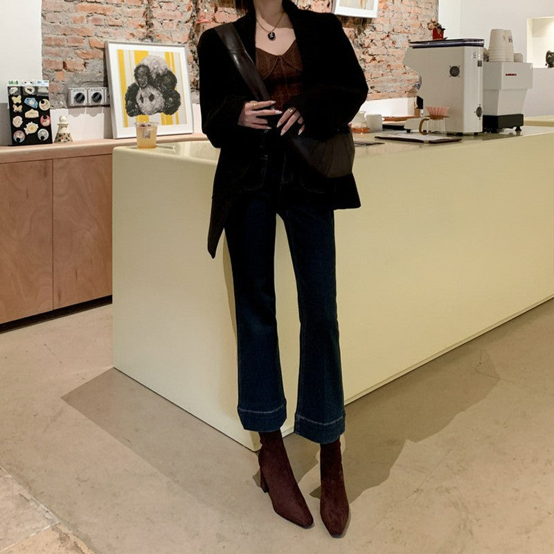 Women Suede Square Toe Thick Heel Back Zipper Short Boots teemdrop