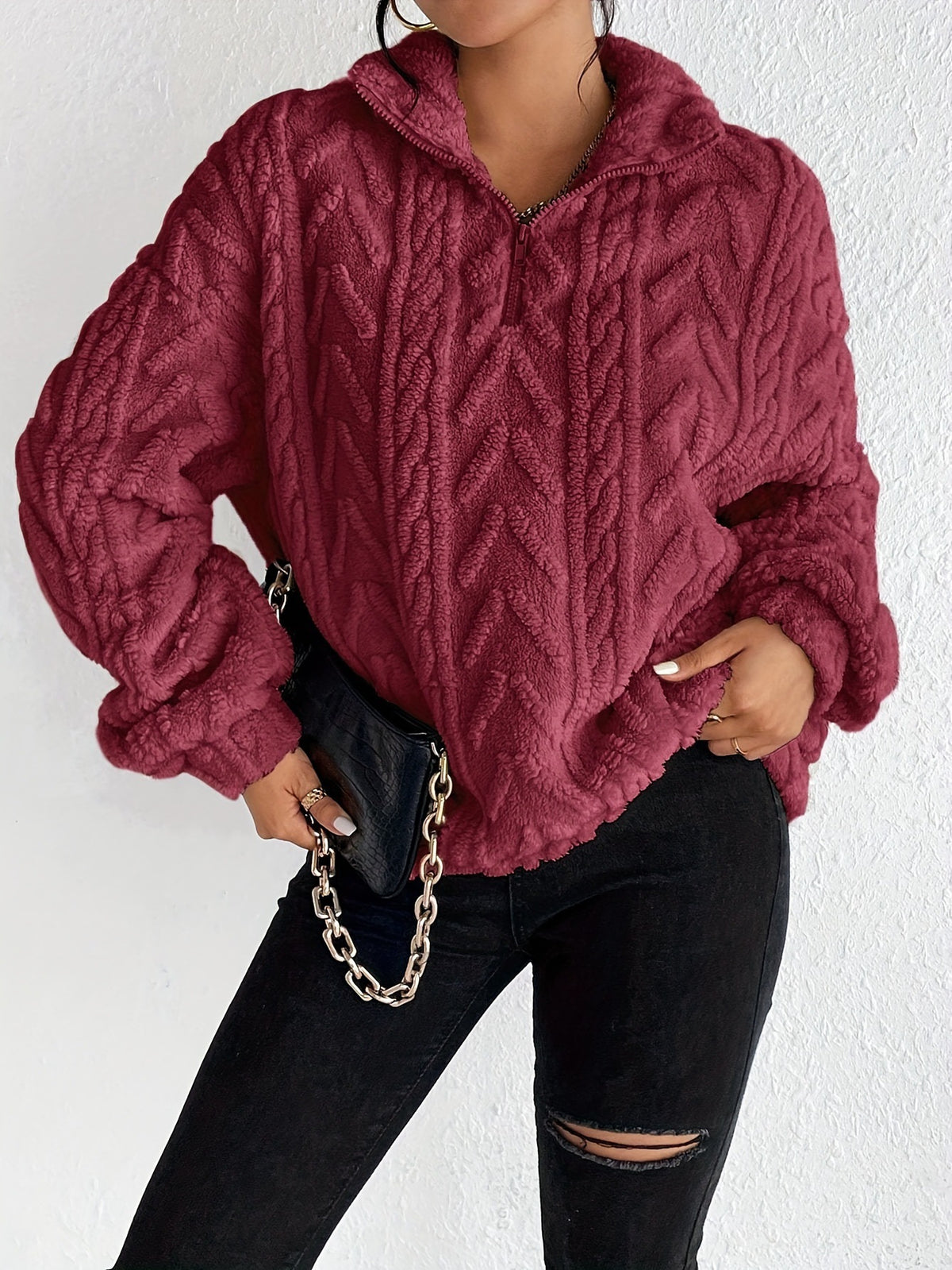 Women's Double-Sided Plush Flower Casual Zipper Pullover Top teemdrop