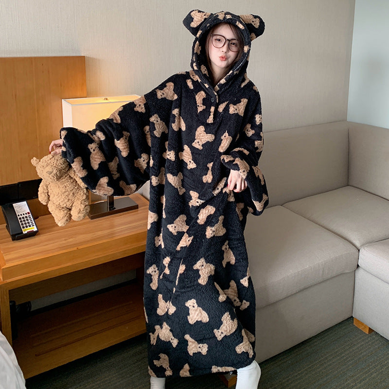Women's Thickened Coral Fleece Hooded Nightgown Oversized Winter Warm Robe teemdrop