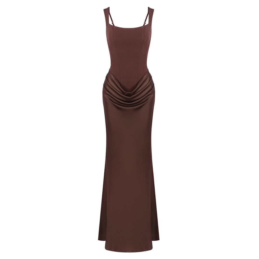 Women?s Drawstring Design Pleated A-Line Sleeveless Long Dress teemdrop