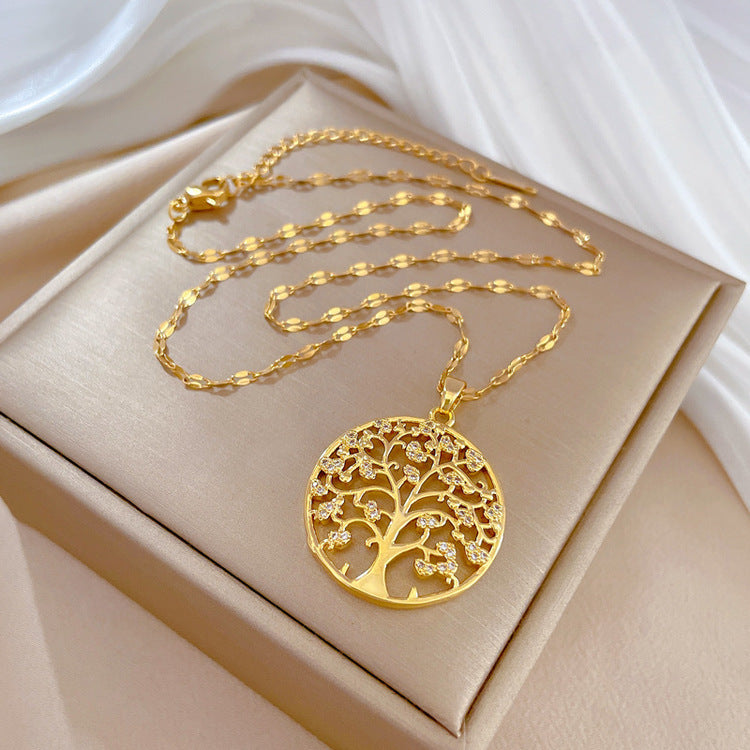 Titanium Steel Tree of Life Pendant Light Luxury Clavicle Necklace Gold Color