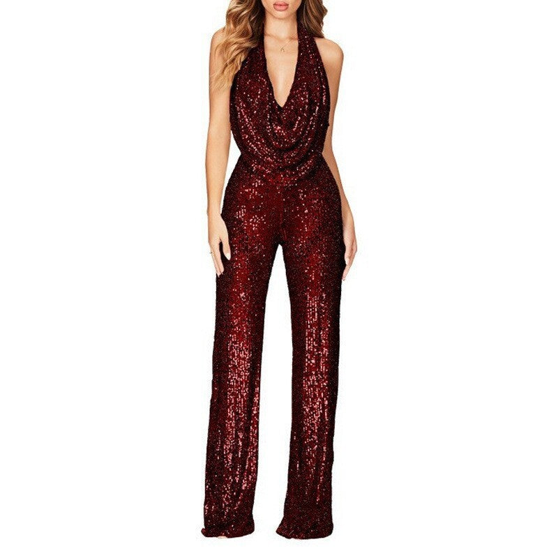 Women's Sparkly Sequin Halter Neck Jumpsuit Slim Fit Long Pants One Piece Evening Dress teemdrop