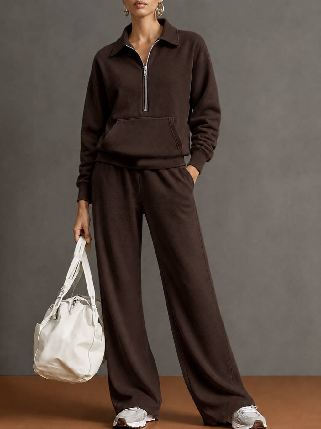 Women Two-Piece Half-Zip Sweatshirt and Wide-Leg Pants Set teemdrop