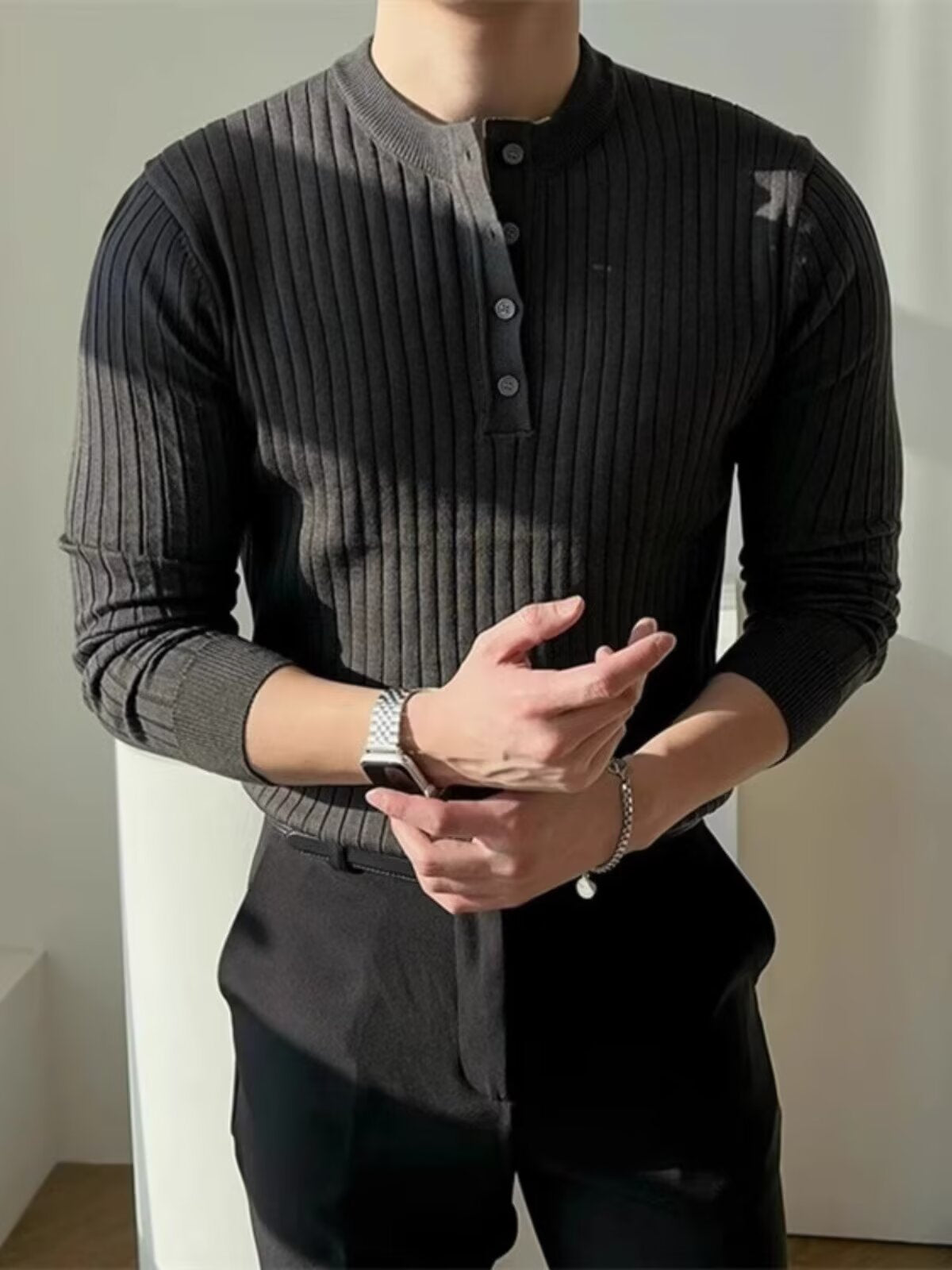 Men's Cotton Blend Henley Sweater Long Sleeve Slim Fit Pullover teemdrop