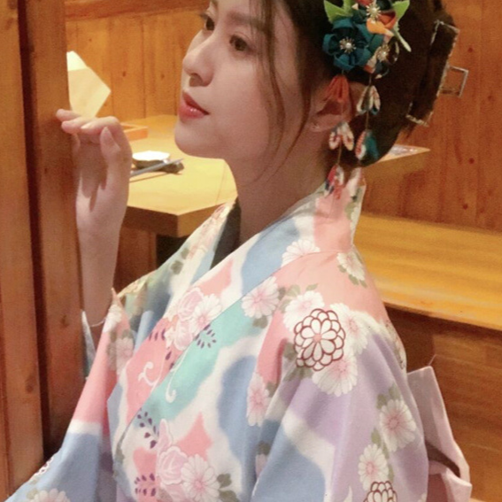 Womens Traditional Retro Japanese Camellia Print Kimono Dress with Girdle and Fan Headdress Set teemdrop