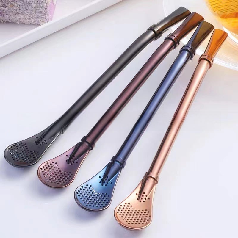 304 Stainless Steel Mesh Filter Straw Spoon with Built-in Strainer for Tea and Juice Mixing teemdrop