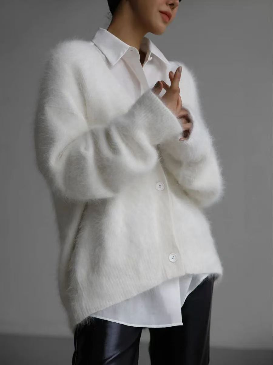 Women's Faux Fur Knitted Cardigan V-Neck Loose Long Sleeve Outerwear teemdrop