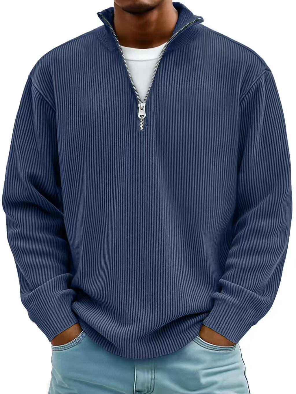 Men's Stand Collar Zipper Corduroy Long Sleeve Polo Shirt teemdrop