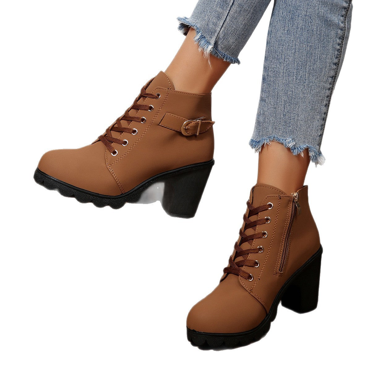 Thick Heel Ankle Boots Round-Toe Lace-Up Martin Boots