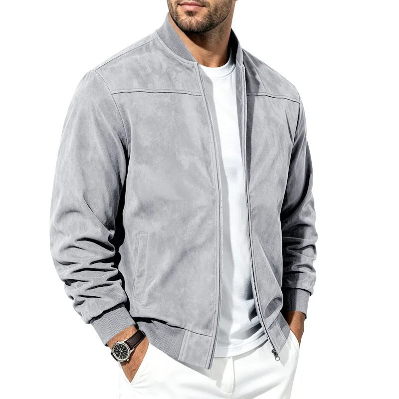 Men's Solid Suede Fleece Baseball Collar Bomber Jacket teemdrop