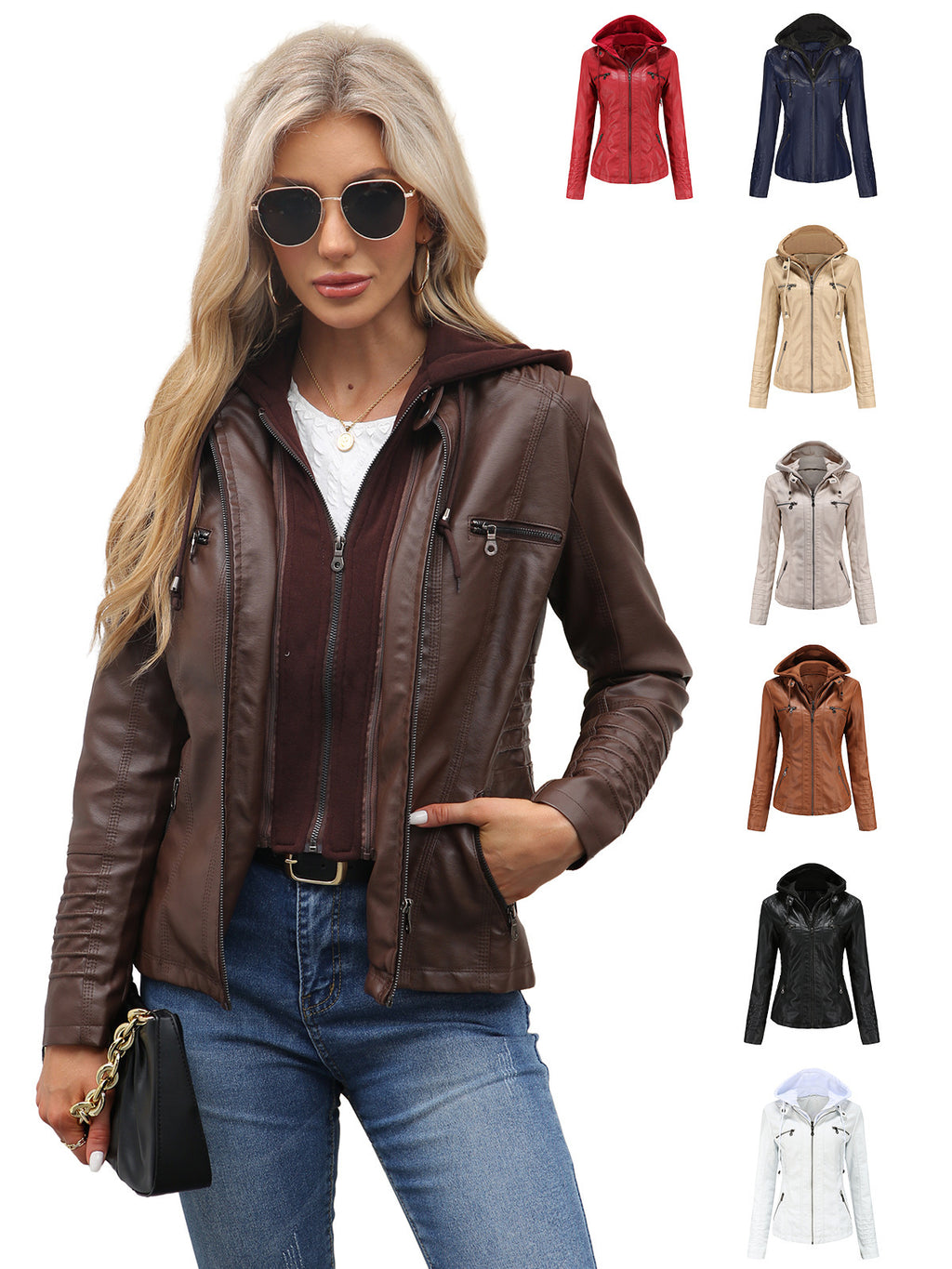Women's Faux Leather Hooded Jacket Two-Piece Set Slim Fit Long Sleeve teemdrop