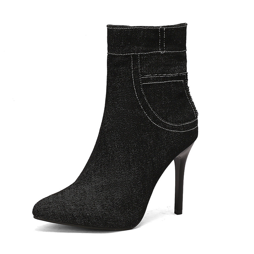 Women's Pointed Toe Stiletto Heel Faux Fur Warm Ankle Boots Side Zipper