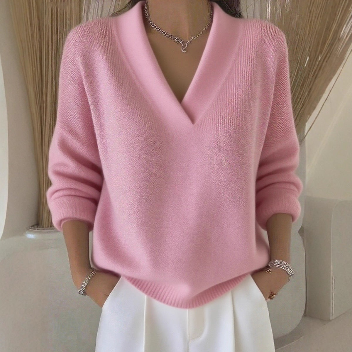 Women V-Neck Long Sleeve Loose Solid Color Knitted Pullover Sweater teemdrop