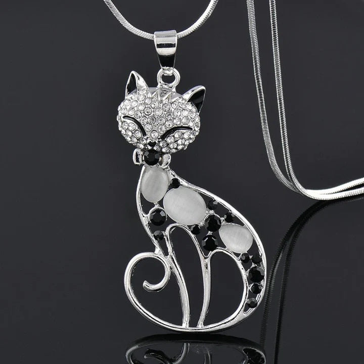 Cute Crystal Rhinestone Cat Eye Stone Animal Pendant Chain Necklace