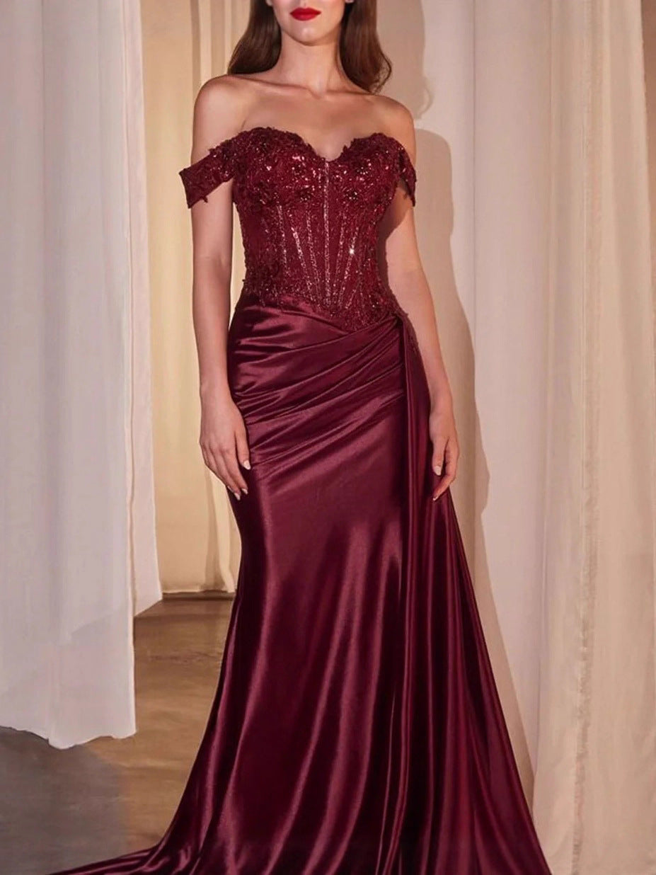 Off Shoulder Sequin Pleated Satin Evening Dress With Slit teemdrop