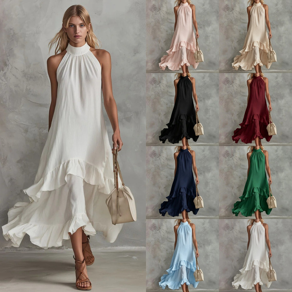 Women's Sleeveless Halter Ruffle Hem Mid-Length Summer Dress teemdrop