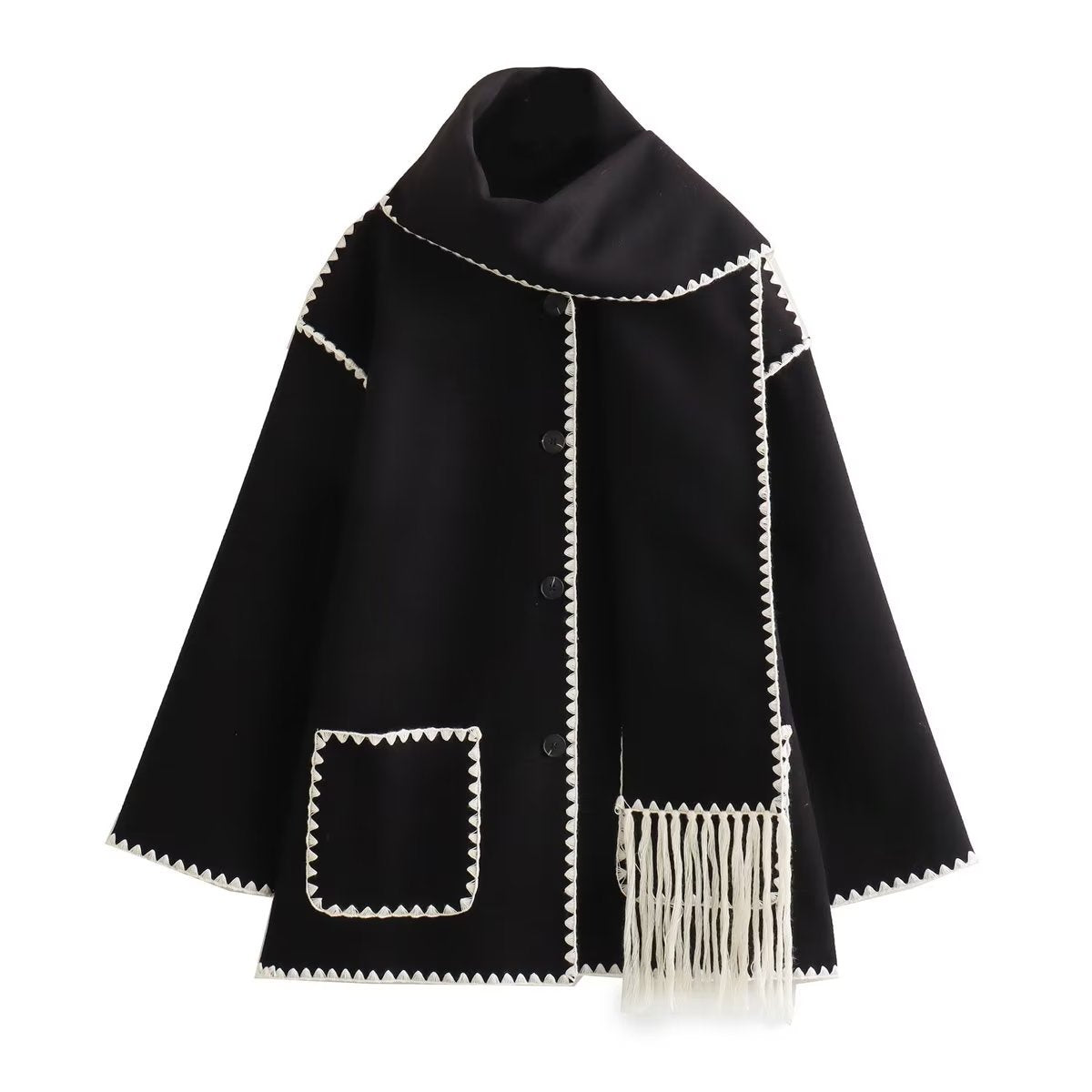 Women's Solid Color Scarf Collar Patchwork Loose Woolen Coat teemdrop