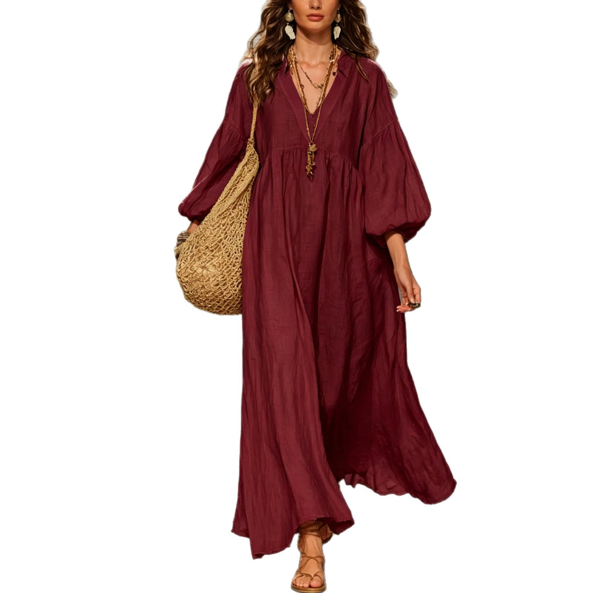 dress women's cotton and linen deep V lantern sleeves teemdrop