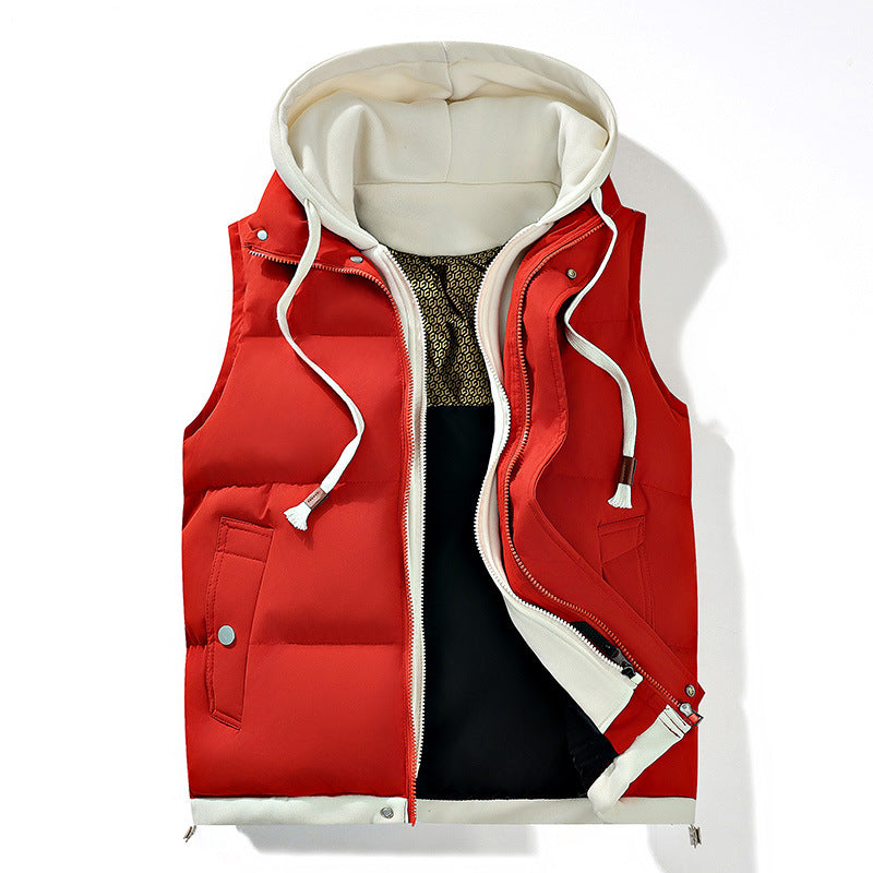 Mens Thick Hooded Vest Loose Fit Padded Sleeveless Jacket with Pockets