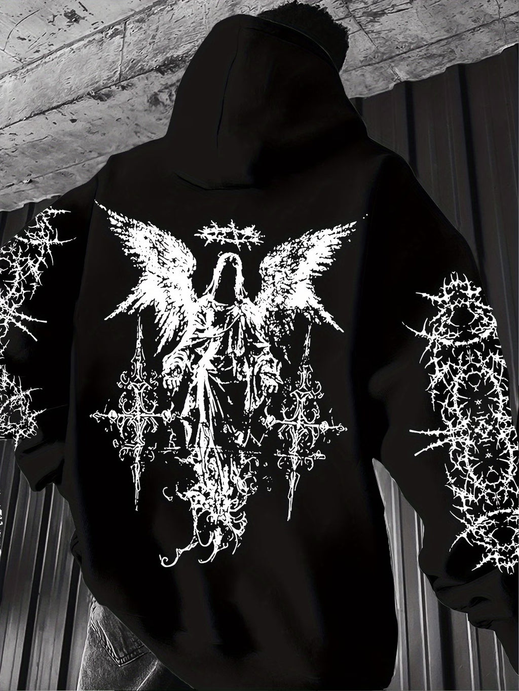 Gothic-style angel-print hoodie teemdrop