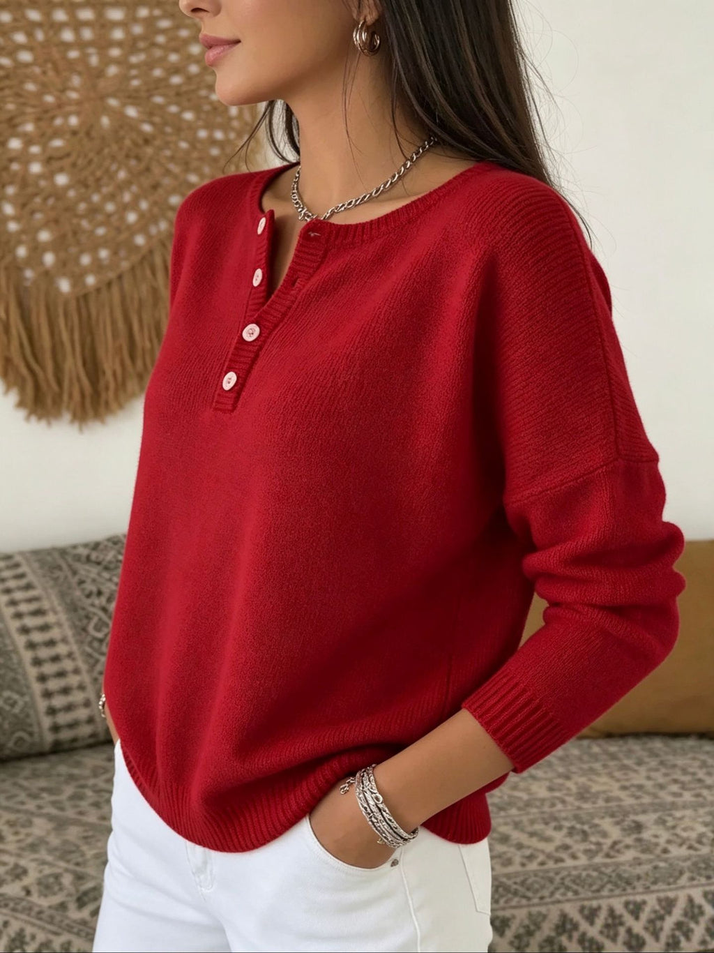 Women's Long Sleeve V-Neck Knit Sweater teemdrop