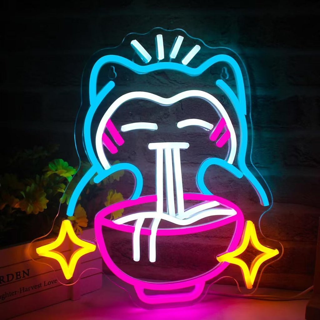 USB Dimmable LED Neon Sign, Cat Eating Noodles Light, Acrylic Animal Shaped Nightlight for Home Decor teemdrop