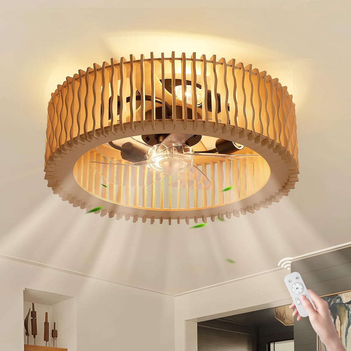 Wabi-Sabi Wooden Fan Chandelier Vintage Ceiling Lamp with Remote Control teemdrop