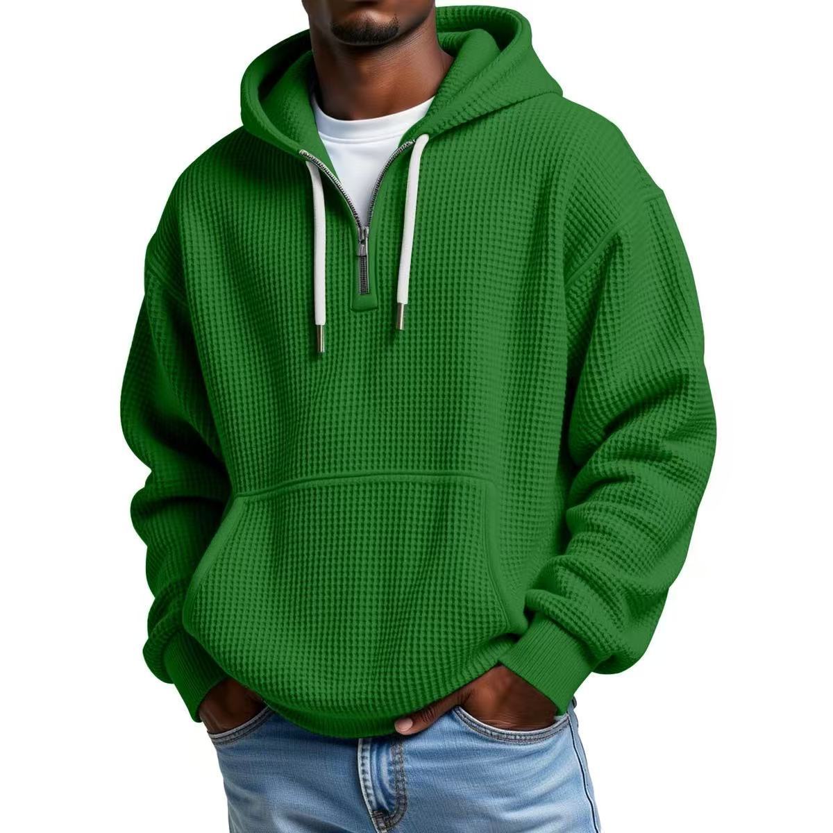 Men?s Heavyweight Waffle Knit Zip-Up Hooded Long Sleeve Loose Fit Casual Sweatshirt teemdrop