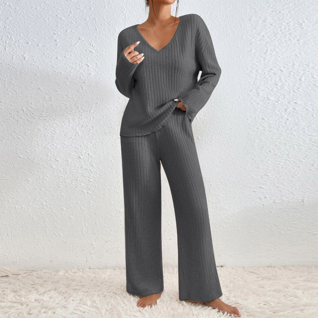 Women V-Neck Loose Ribbed Knit Long Sleeve Top Suit Set teemdrop