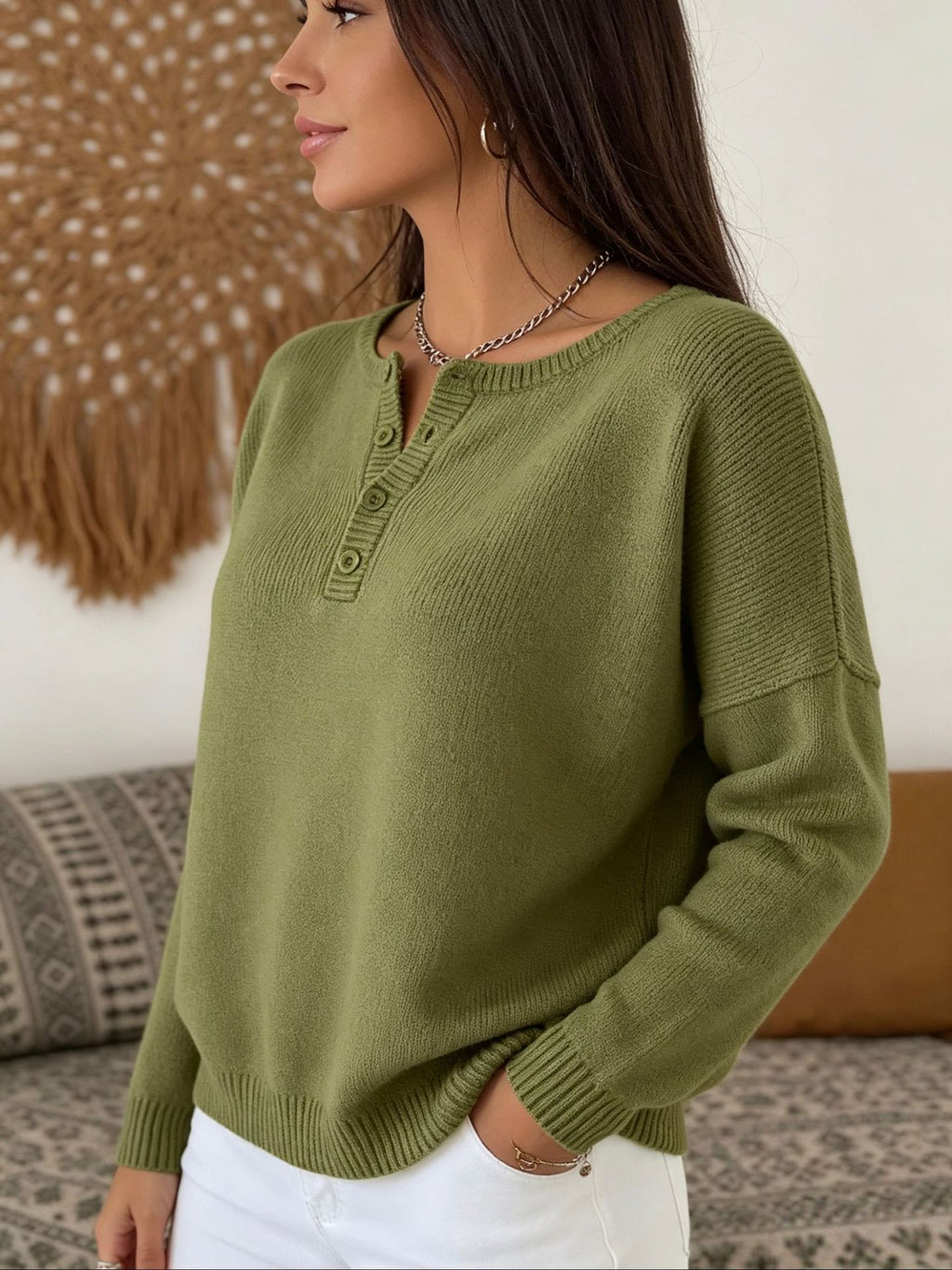 Women's Long Sleeve V-Neck Knit Sweater teemdrop
