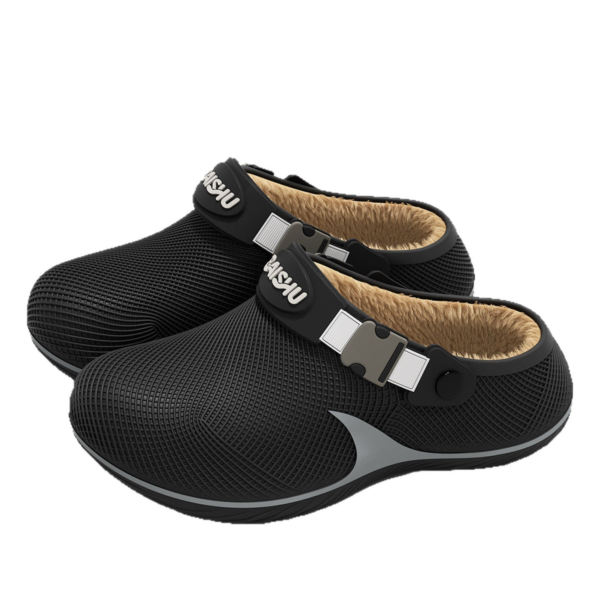Pair of black textured plastic slippers with tan fleece lining and BAISHU printed on the adjustable heel straps.