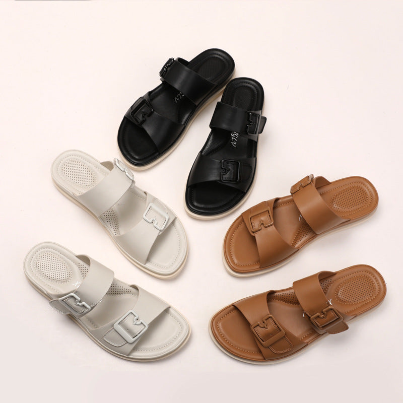 Women Casual Buckle Decor Open Toe Flat Slip-On Thick Sole Outdoor Slippers teemdrop