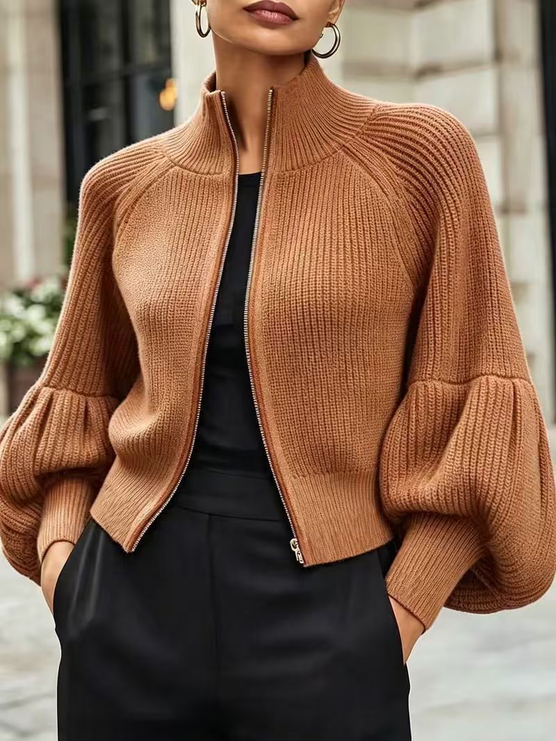 Women's Stand Collar Zip-Up Lantern Sleeve Textured Knit Sweater teemdrop