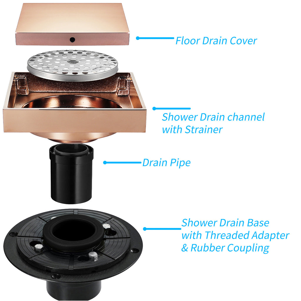 Rose Gold Copper Anti-Odor Concealed Tile Insert Square Linear Floor Drain teemdrop