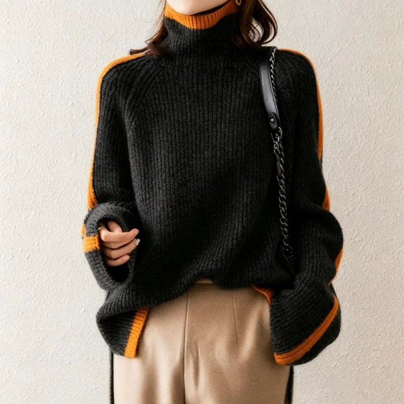 Women's Thick Turtleneck Color-Block Knit Sweater teemdrop