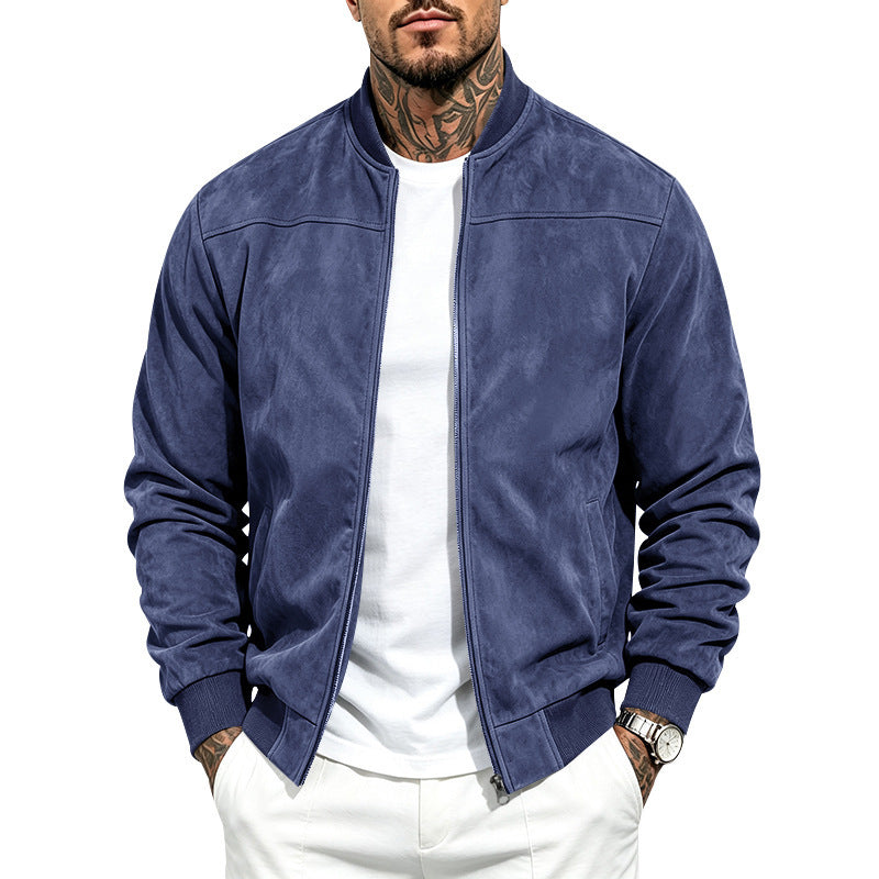 Men's Solid Suede Fleece Baseball Collar Bomber Jacket teemdrop