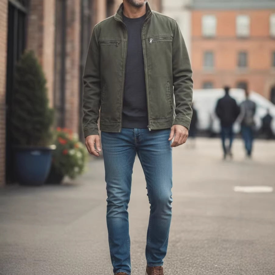 Men's Turn-Down Collar Polyester Leather Look Jacket teemdrop